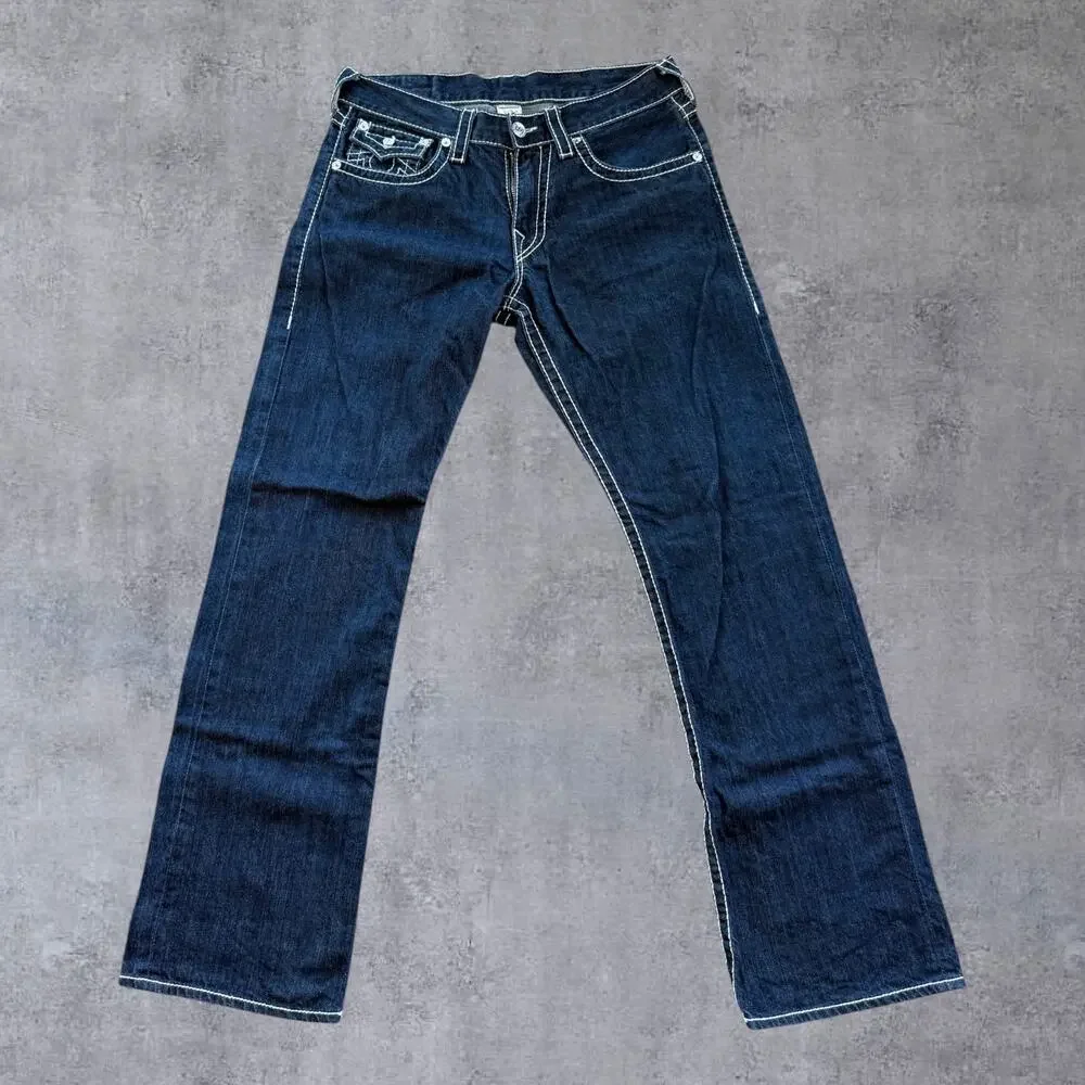 True Religion Joey Jeans Mens 33 USA Made Dark Wash Thick White Stitch Straight